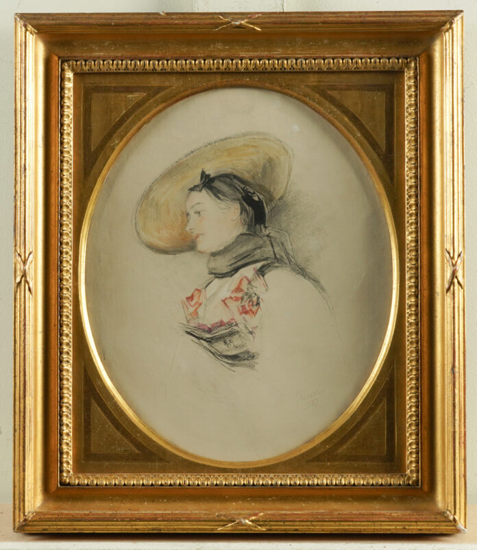 101-1 John Frederick Lewis (British, 1805-1876), “Portrait of a lady in a straw hat,” pencil and watercolor, oval, 29 x 24cm, signed and dated 'JF Lewis 1837' (lower right); Provenance Sale, Christies New York, April 5th, 2005, lot 151; Lowell Libson, London; Property of a Nobleman
