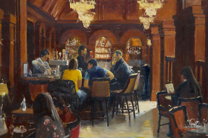point of view from inside a dim-light restaurant