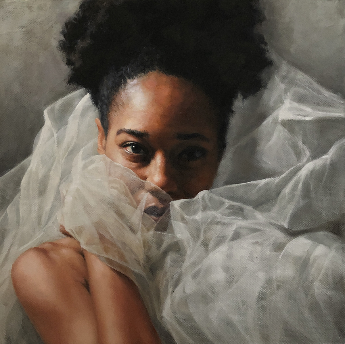 portrait painting of a woman wrapped in white garment from shoulder up, wrapping around her head