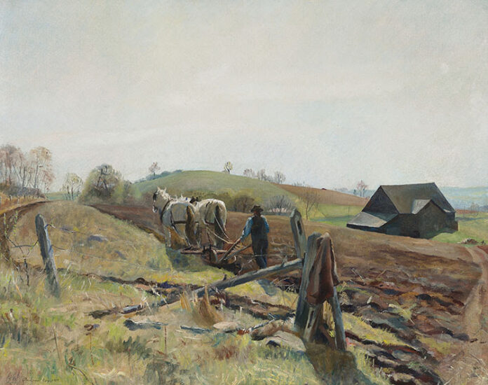 Andrew Wyeth (1917–2009), Spring Landscape at Kuerners, circa 1934, oil on canvas, 32 x 40 inches, Museum purchase, supported by Sasha and Edward P. Bass