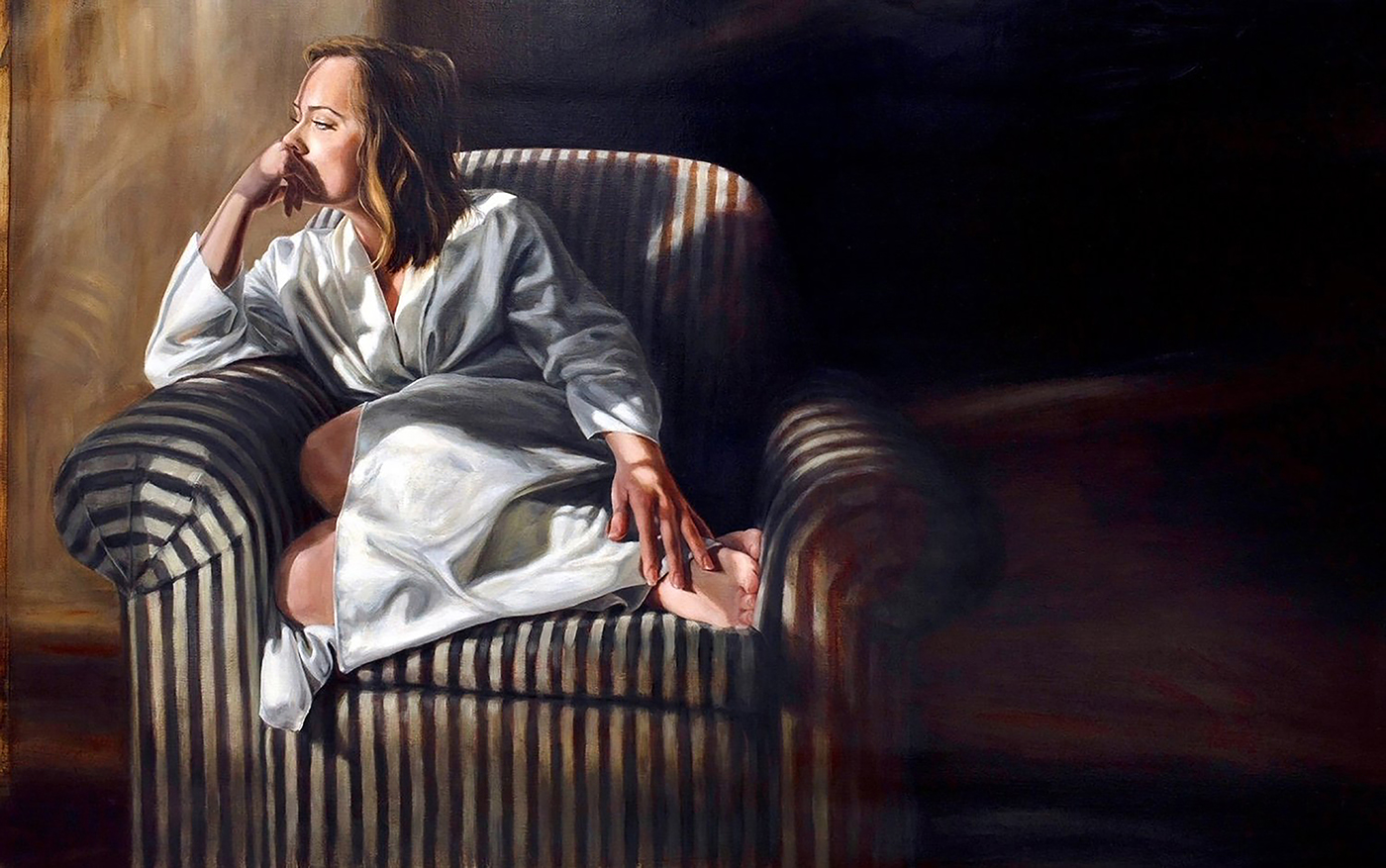 oil painting of woman sitting on couch, half light and shadow, looking out the window