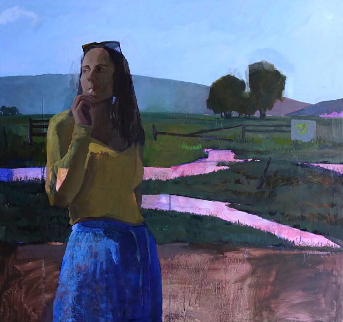 oil painting of woman looking away from viewer with landscape scenery behind her