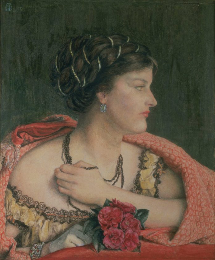 CATHERINE MADOX BROWN HUEFFER (1850–1927), "At the Opera," 1869, watercolor and pencil, heightened with white, on paper, 22 2/3 x 20 1/8 in. (framed), private collection