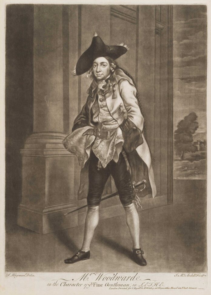 Celebrity Portraits in Print History - James McArdell (1728/9?–1765), engraved after a painting by Francis Hayman (1708–1776), "Mr. Woodwarde in Character of ye Fine Gentleman in 'Lethe'"