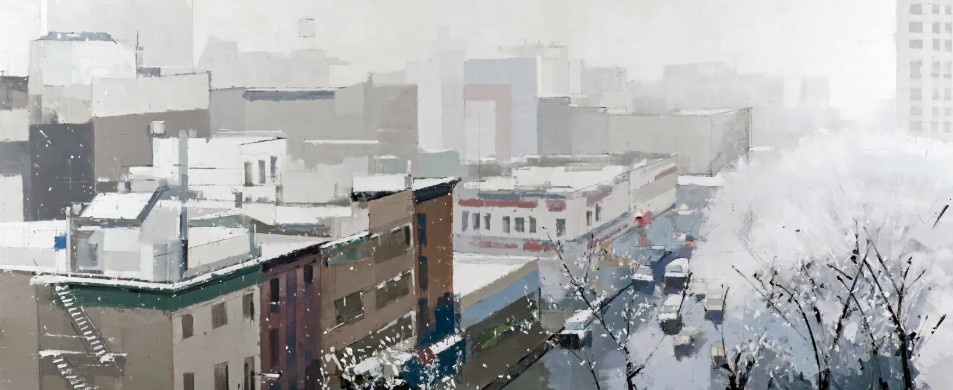 Lisa Breslow, "Balcony View," 2024, oil and pencil on panel, 29 x 70 in.