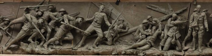 The middle third of Sabin Howard’s composition for "A Soldier’s Journey" (full clay version), photographed in 2017