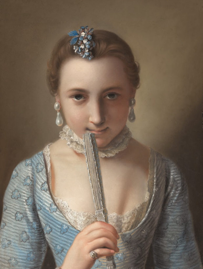 "Young Woman with a Fan," early 1750s, Pietro Antonio Rotari (Italian, 1707-1762), pastel of blue-green paper, mounted on canvas, 46 x 37 cm, Getty Museum, 2019.111